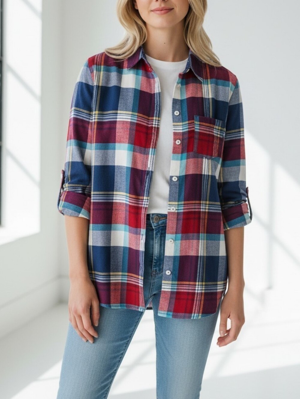 NWOT Cato Red & Blue Plaid Button-Up Shirt Womens 18/20W Boho Retro Casual